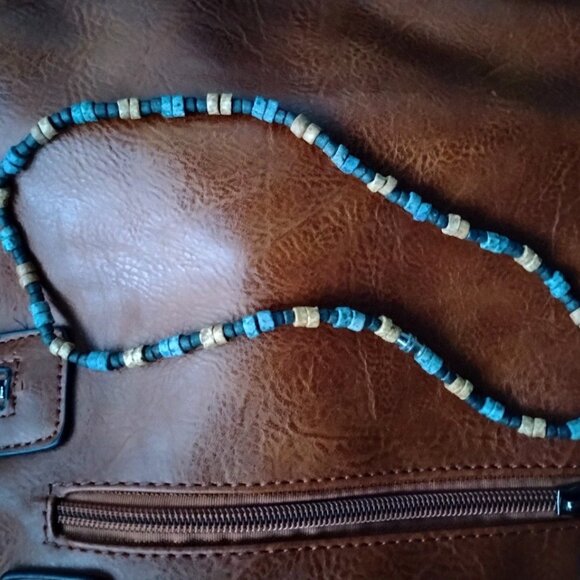 Necklace Blue-Tan-Black Beads Mix Media of Lava Stones Acrylic Screwing Closure - Picture 5 of 5